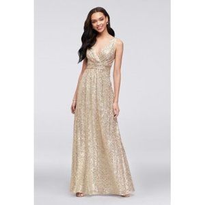 David's Bridal sequin v-neck dress satin piping